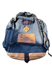 Vintage 90’s Jansport Backpack Made In USA Daypack 93 Navy Blue Leather Bottom