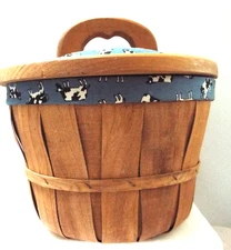 Sewing Bushel Wood Basket Split Lid Cow Lined Basket Handle 12" x 12" Heart