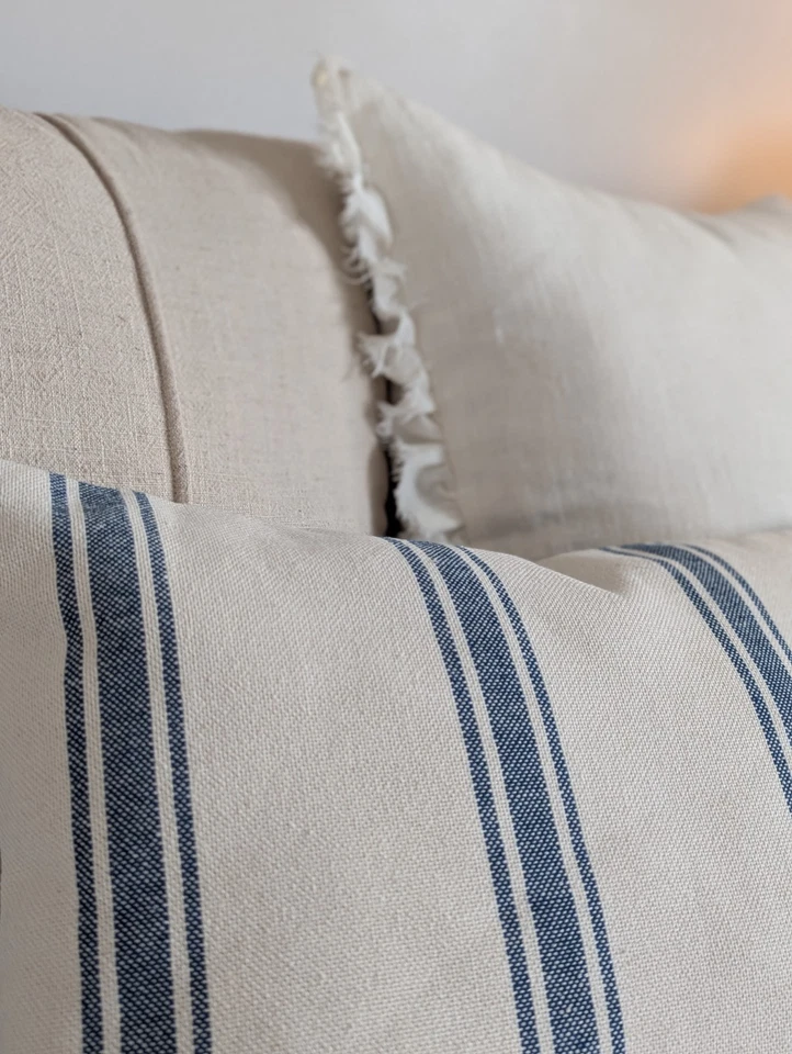 French country blue stripes cushion cover |  linen grain sack rustic decor  - Image 4 of 4