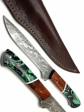 DAMASCUS STEEL CUSTOM HANDMADE HUNTING TACTICAL BOWIE KNIFE RESIN GRIP & SHEATH