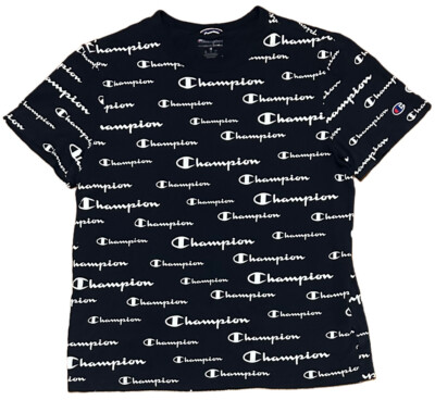 Champion All Over Print Short Sleeve Navy Blue T-Shirt Mens Size