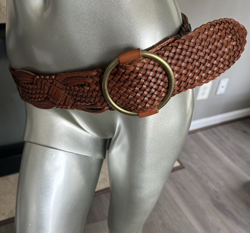 NWT Lauren Ralph Lauren Brown Leather Woven Braided Belt Brass Buckle Boho M 🐎