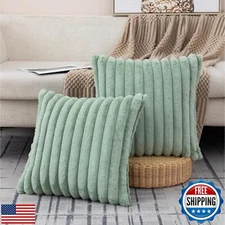 ZLINA Set of 2 Light Green Faux Fur Decorative Throw Pillow Covers Fluffy Str