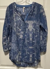GRAND & GREENE top shirt blouse S 6 Bust 36 Length 27 Blue Multi Floral Gauzy