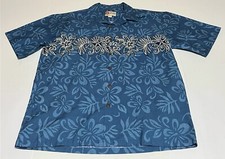 Hilo Hattie Shirt Men L Button Up Tropical Camp Hawaiian Floral Blue