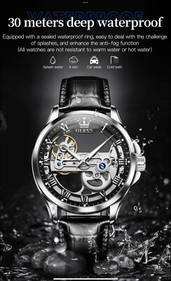Orologio Uomo OLEVS Skeleton Automatico – Meccanico A Carica Automatica, Quadrante Scheletrato, Cinturino In Pelle, Impermeabile E Luminoso, Nero/Argento - 3