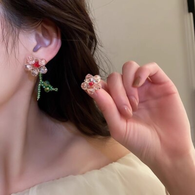Asymmetrical crystal flower earrings-Pastoral style, girly, cute and fashionable