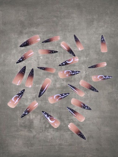 24pcs Moon Pattern Glitter Almond Fake Nail False Nails Press On Nails Glue On - Picture 3 of 8