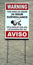 Security Video Surveillance Warning 24 Hr Sign 8x12 Spanish English w/Stake