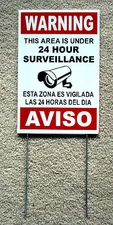 Security Video Surveillance Warning  24 Hr  Sign 8x12 Spanish English w/Stake