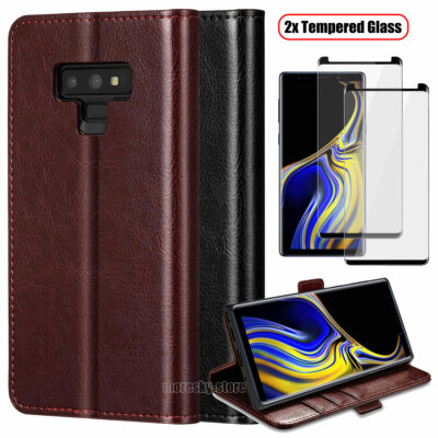 For Samsung Galaxy Note 9 Case, Shockproof Leather Wallet Cover + Tempered Glass