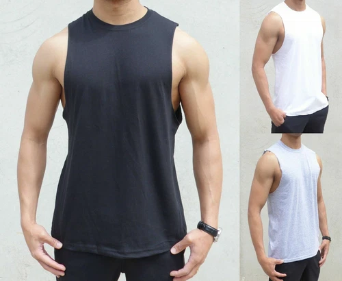 NEW MENS PLAIN MUSCLE TANK SINGLET RAW EDGE SLEEVELESS TOP BODYBUILDING GYM LIFT