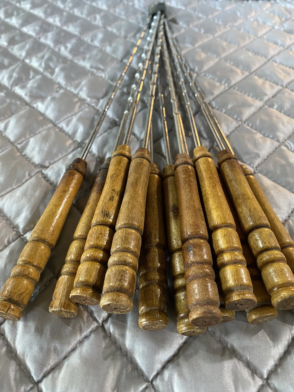 12 VTG MCM Kebab BBQ Grill Skewers Wooden Handle Grooved Stainless Steel XL 15"