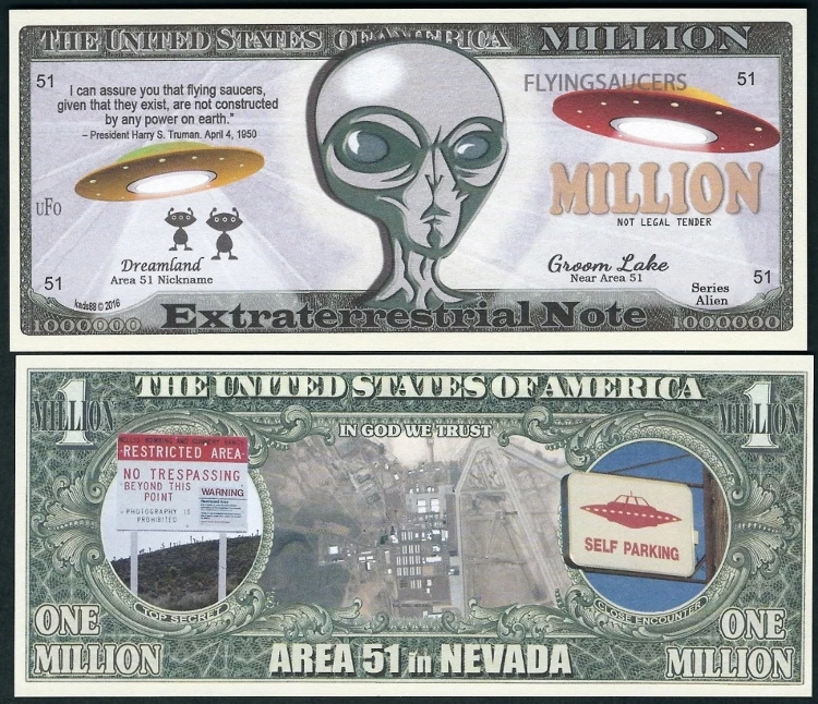 Extraterrestrial Note Alien, Area 51 Million Dollar Novelty - Lot of 10 Bills