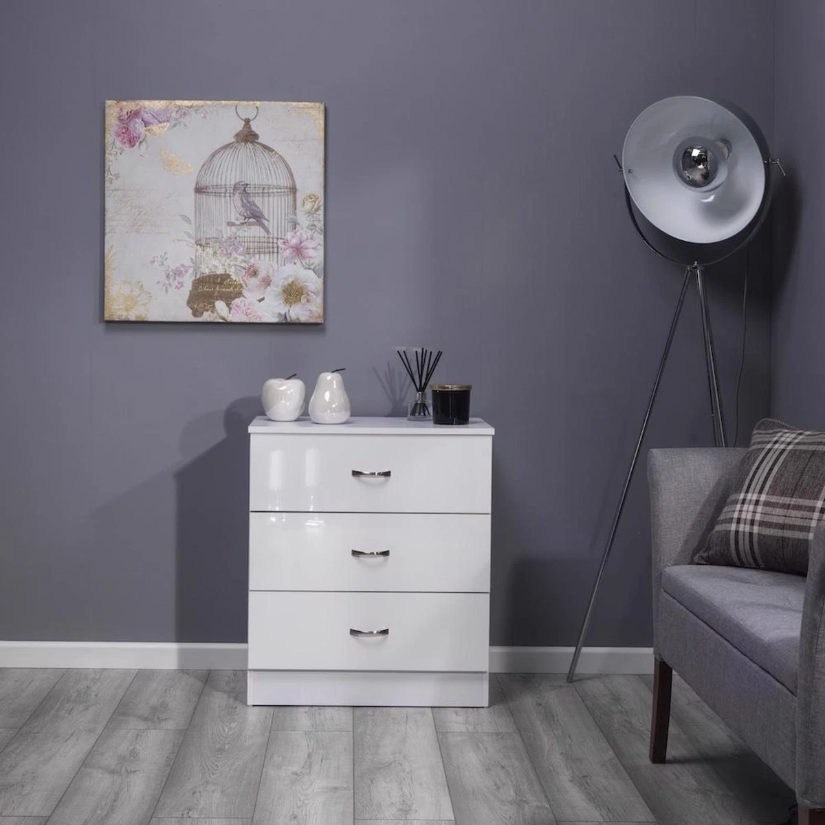 White High Gloss Deep 3 Drawer Bedroom Chest of Drawers Matt Frame