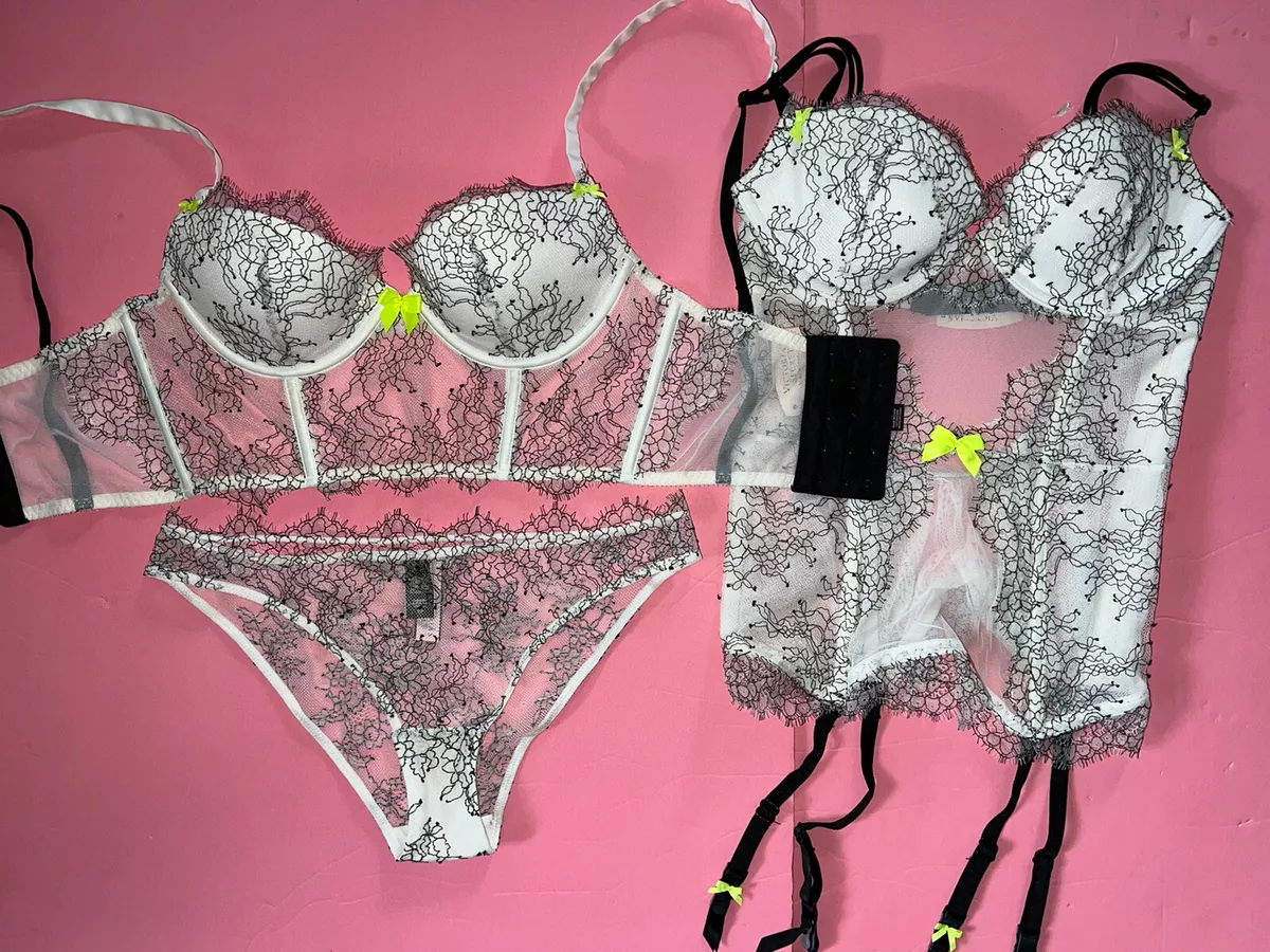 Victoria's Secret longline 32C BRA SET+garter CORSET+s Panty White Black  LACE