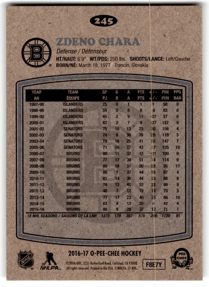 2016-17 O-Pee-Chee Retro Zdeno Chara #245 Boston Bruins - Image 2 of 2