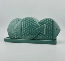 West Elm Fish Shaped Ceramic Butter Dish w/ Lid & Tray Teal Blue