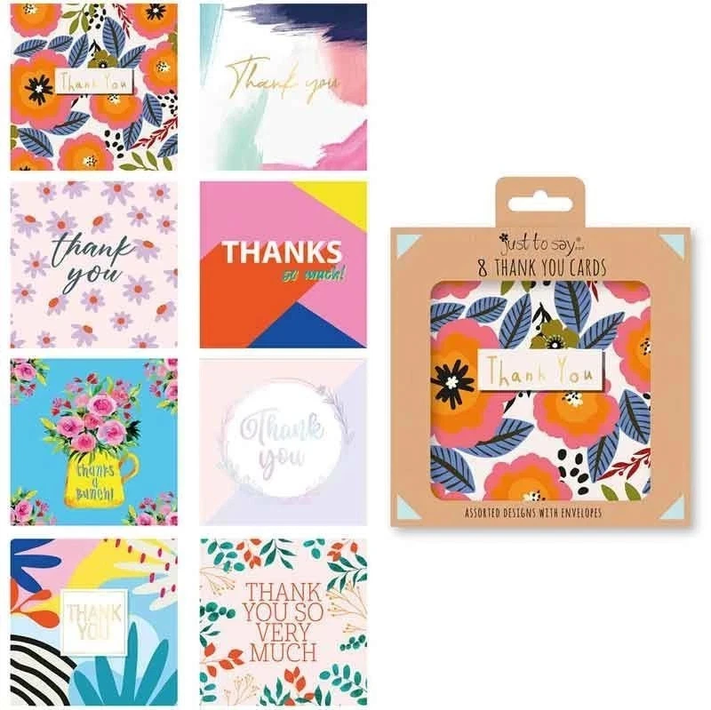 JUST TO SAY Floral & Colorful Thank You Cards – Boxed Set of 8 Blank Greeting Cards
