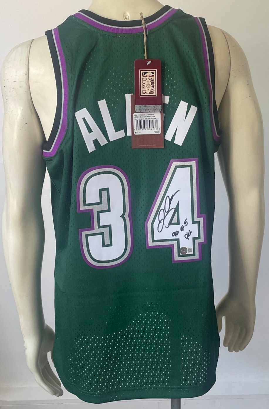 Ray Allen Autographed Signed Milwaukee Bucks Swingman Jersey Draft Inscription Beckett NWT 