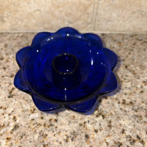 Vintage Fenton Cobalt Blue Glass "Lotus Flower" 3 Footed Candle Holder #145 - Picture 2 of 8
