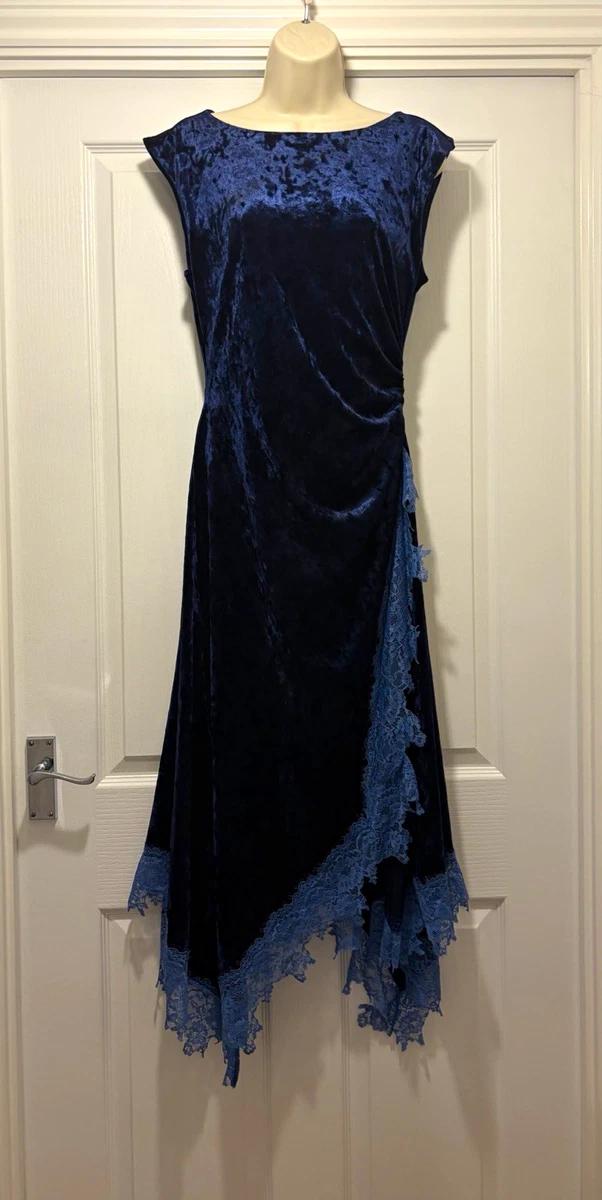 Vestido midi Adrianna Papell azul terciopelo encaje cuello barco sin mangas Reino Unido 12