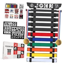 10 Belt Karate Belt Display Rack, Pure Bamboo Wood, Themed Black 10 BELTS