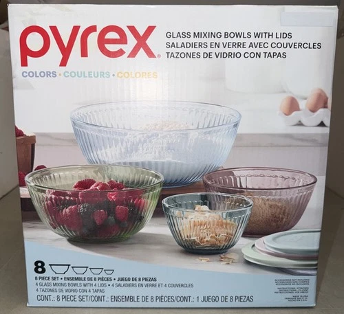 Pyrex Glass Mixing Bowl Set W Lids, Nesting Storage, Microwave & Dishwasher Safe