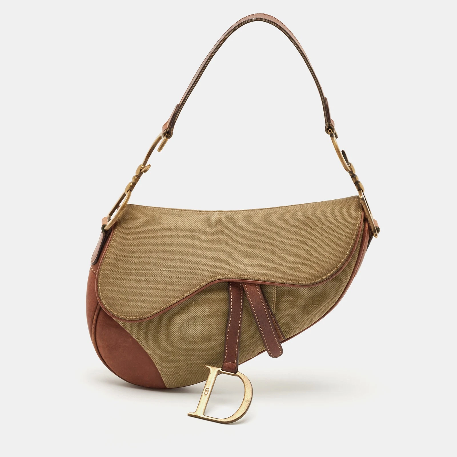 Sacoche de selle Dior marron/vert olive en toile et cuir verni