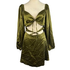 New PrettyLittleThing Olive Satin Cut Out Tie Detail Shift Mini Dress Womens 4