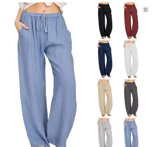 Womans Cotton Linen Wide Leg Pants Ladies Elasticated Waist Casual Trousers UK
