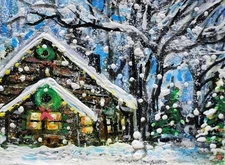 ACEO Original  PAINTING Winter XMAS HOUSE Cabin Trees Snow Holiday Landscape ART
