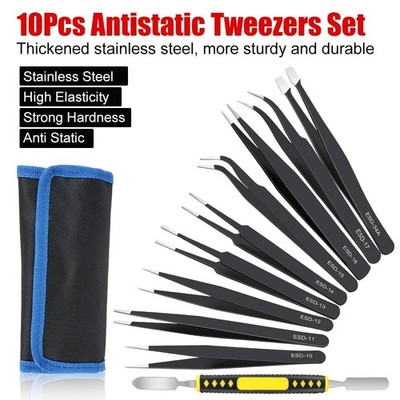 10pc ESD Tweezers Precision Set Stainless Steel For Electronics & Jewelry Repair