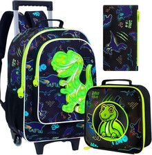 3PCS Dinosaur Rolling Backpack for Boys, 18" Kids Dinosaur Backpacks with Roller