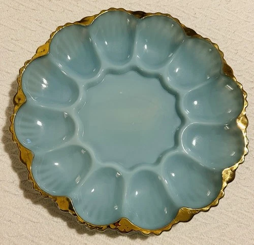 VTG Anchor Hocking Delphite Blue Fire King Glass Deviled Egg Plate Dish w/ Gold