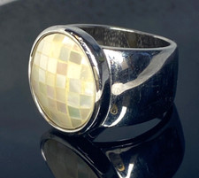 Mosaic Mother of Pearl Tile Silver Tone RSC Statement Cocktail Ring Size 6