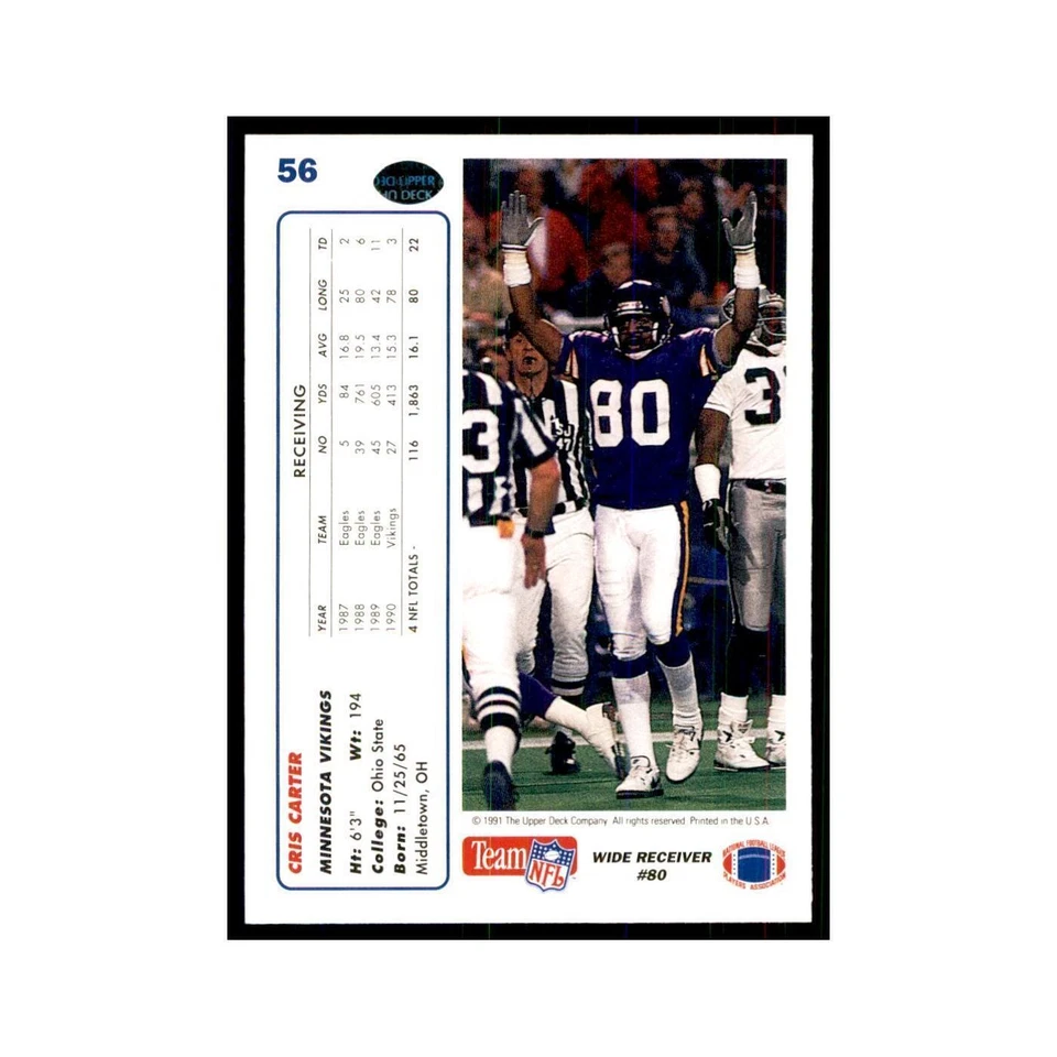 1991 Upper Deck Cris Carter Vikings #56 - Image 2 of 3