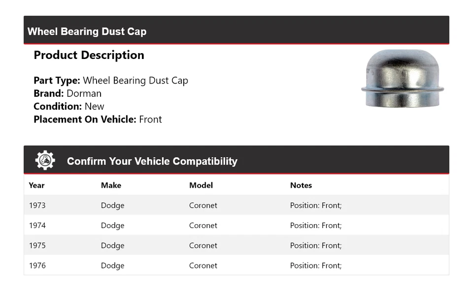 Tapón antipolvo delantero 1974 1975 cojinete de rueda para Dodge Coronet Dorman 1973-1976 Foto 2 de 4