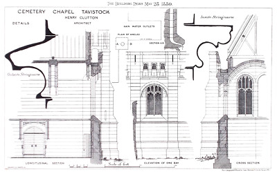 ANTIQUE ARCHITECTURE PRINT TAVISTOCK CEMETERY CHAPEL  c1880 H CLUTTON ARCHITECT
