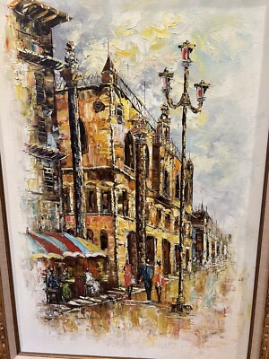 Mid Century Modern PARIS Street Scene Large Oil Painting Signed
