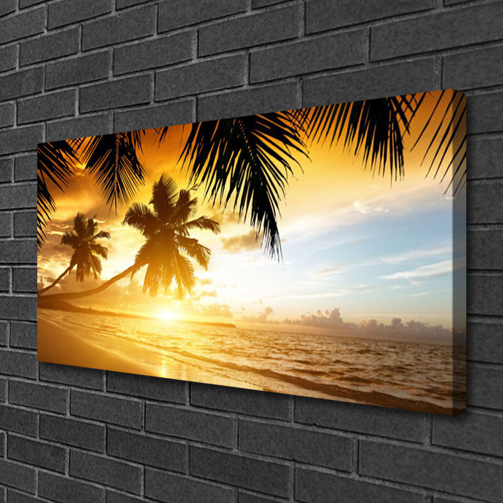 Tableau paysage de mer 100x50 cm avec palmiers pour un salon évasion tropicale