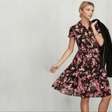 Reformation Charlie Rose Rosebloom Print Dress Petites Black and Pink $218