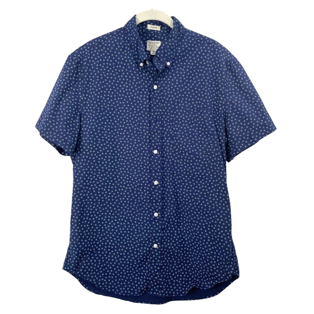 Crew Short-sleeve floral Secret Wash organic cotton poplin shirt Sz M  blue