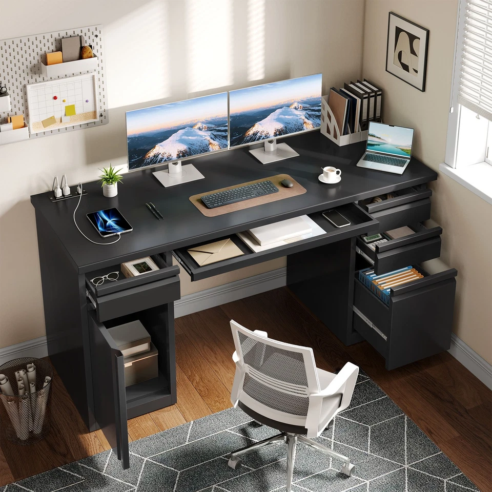 Escritorio ejecutivo de 57 pulgadas y 5 cajones para computadora con archivador y tomas de corriente Foto 2 de 4