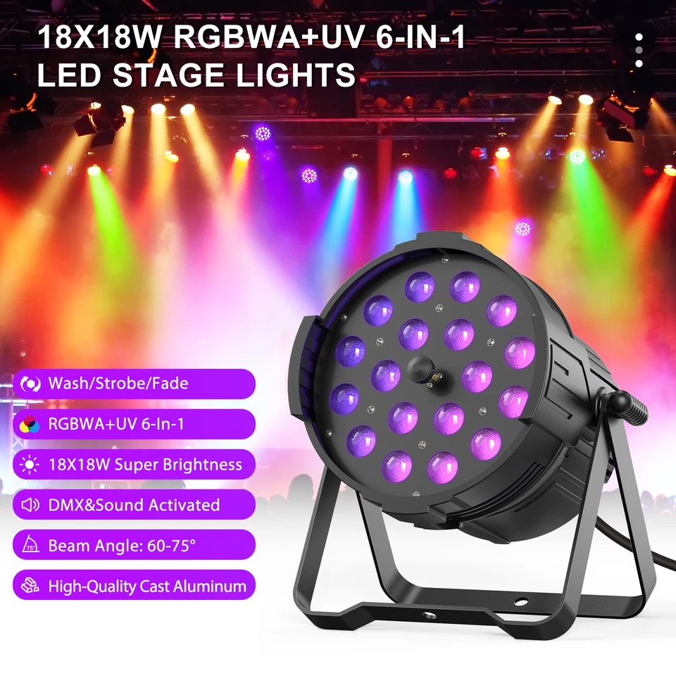 Disco DJ Lights DMX Zoom 18LED RGBWA + UV Par Light Stage Lighting Concert Party - Image 2 of 4