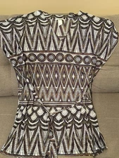 H&M Womens Sz S Sheer Mini Dress Short Sleeve Boho Geometric V Neck Waist Tie 