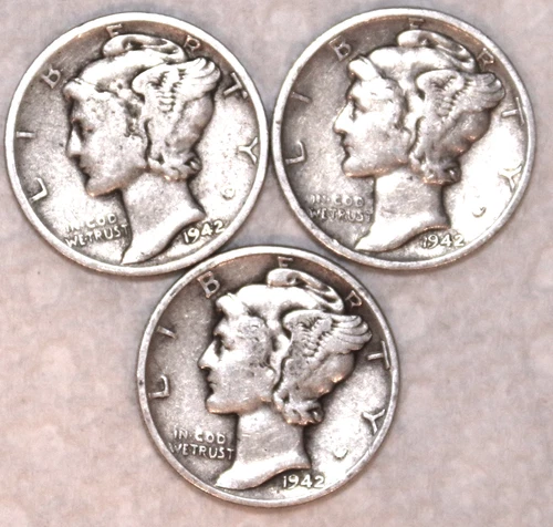 (3) Mercury Dimes - 1942D 1942P 1942S - Very Fine - #2275ED - FREE SHIPPING
