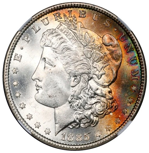 1885-P NGC MS 64  Morgan Dollar Beautiful PQ +  Flashy Rainbow Color Toned