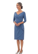 Alex Evenings V-Neck 3/4 Sleeve Compression Ruched Faux Wrap MOB Dress Blue SZ 8