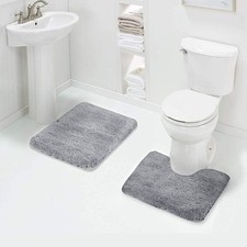 Shaggy 2 Piece Bath Rug Sets Grey 20 x 24 Non Slip, U Shape Contour Rug  20 x